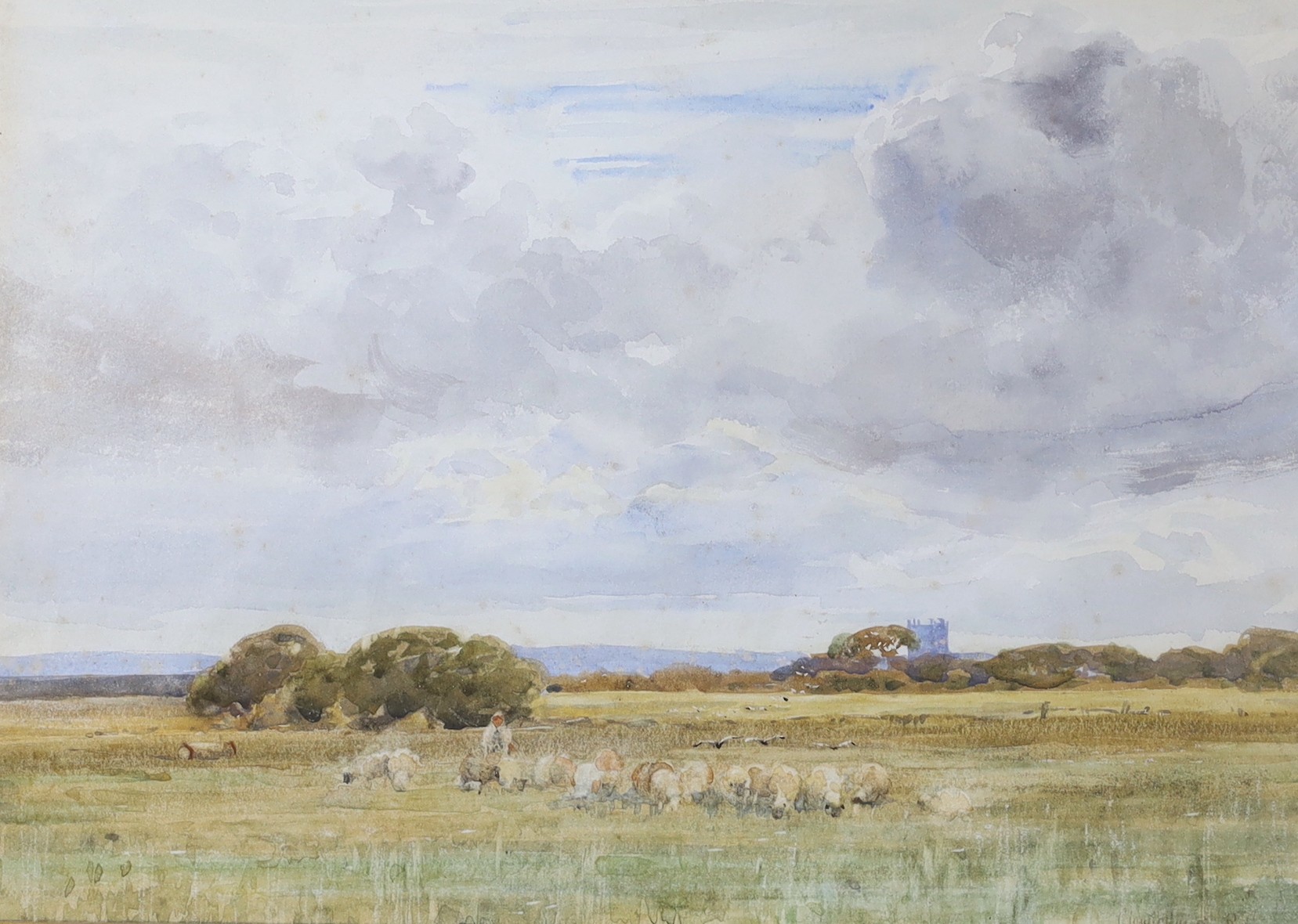 Claude Hayes R.I. (Irish, 1852-1922), watercolour, Shepherd and flock in a landscape, signed, 22 x 30cm